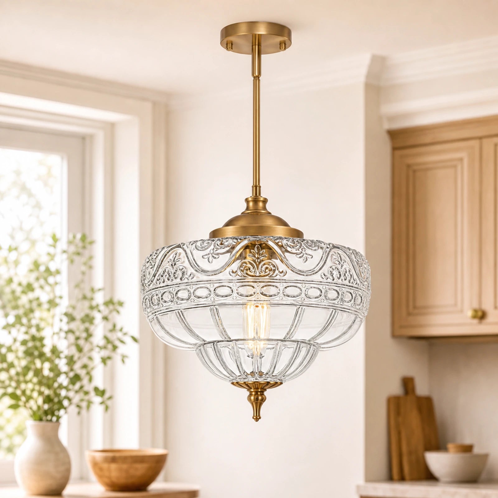 Small Lotus-Patterned Clear Glass Downrod Pendant Light