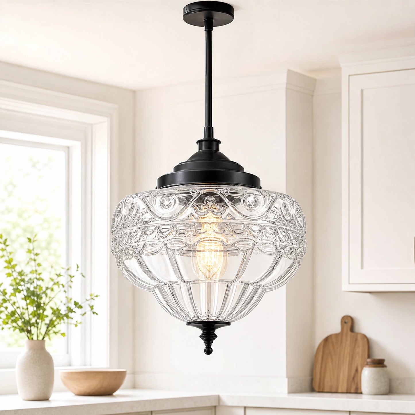 Small Lotus-Patterned Clear Glass Downrod Pendant Light