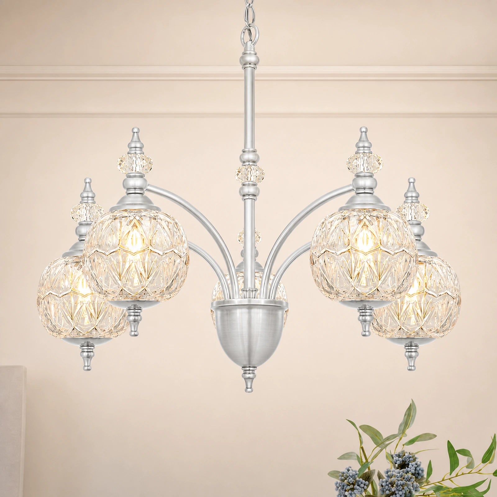 5-Light Three-Leaf Clear Glass Shade Chandelier