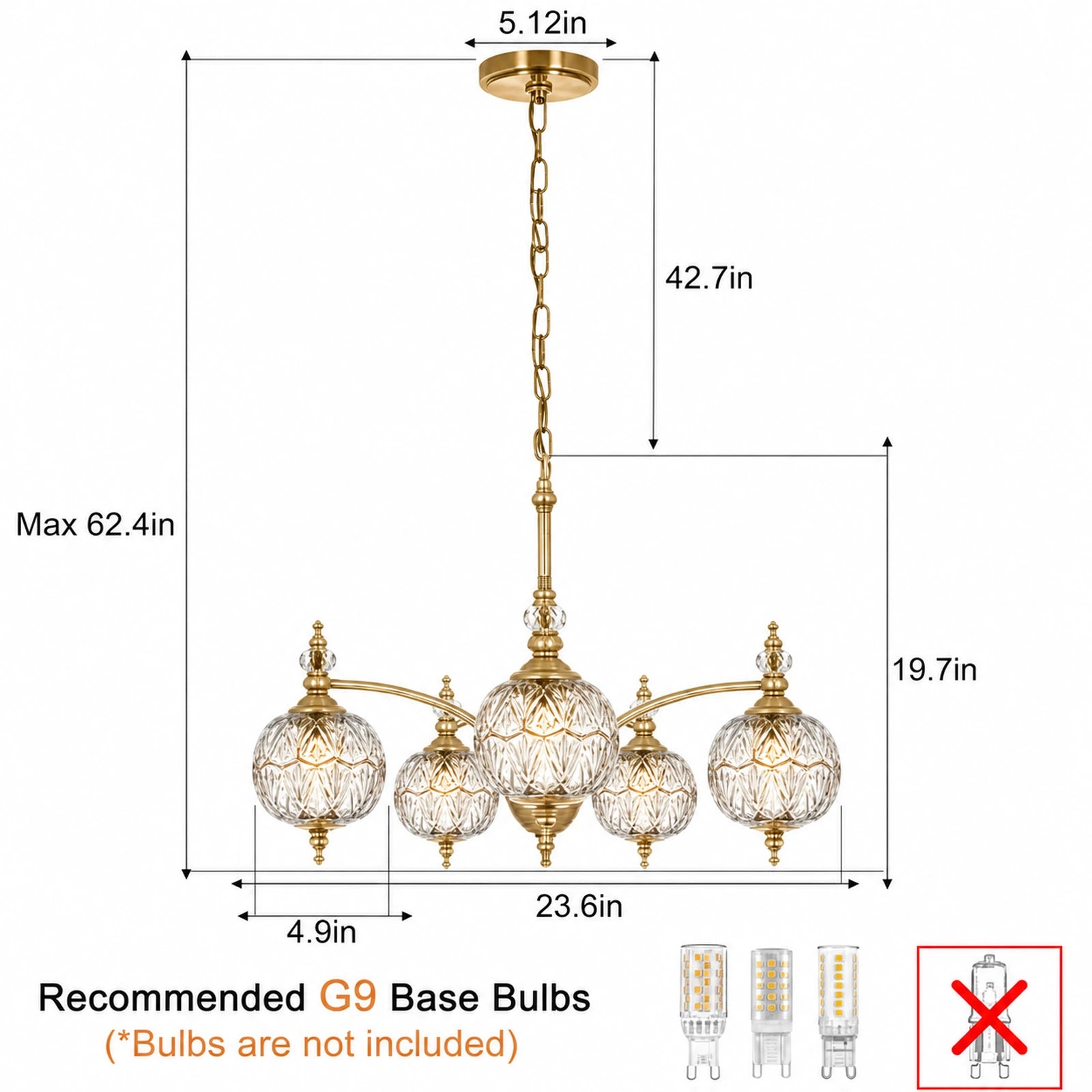 5-Light Three-Leaf Clear Glass Shade Chandelier
