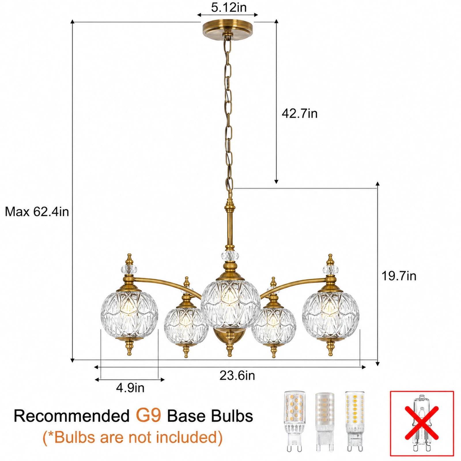 5-Light Three-Leaf Clear Glass Shade Chandelier