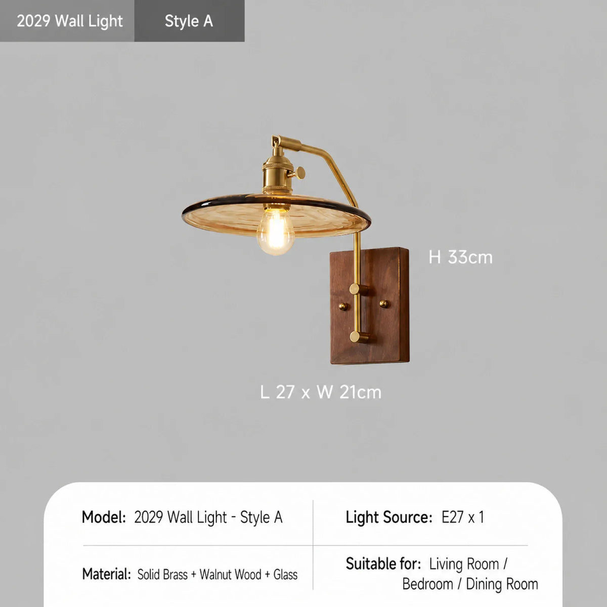 Brass Walnut Glass Wall Light