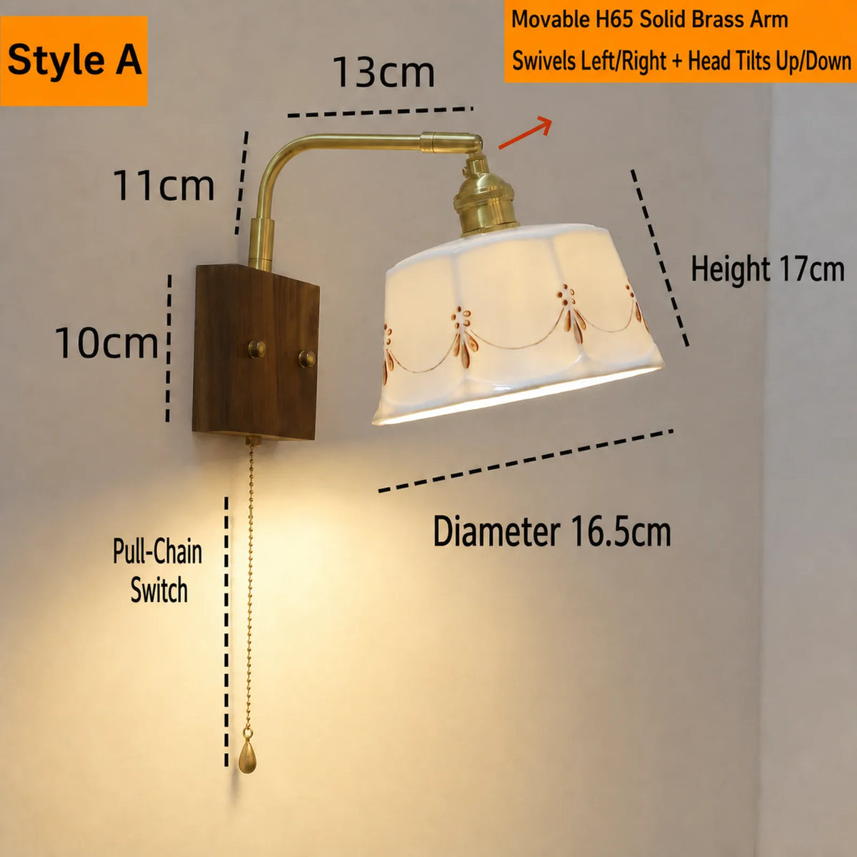 Ceramic Brass Walnut Adjustable H65 Wall Light Series