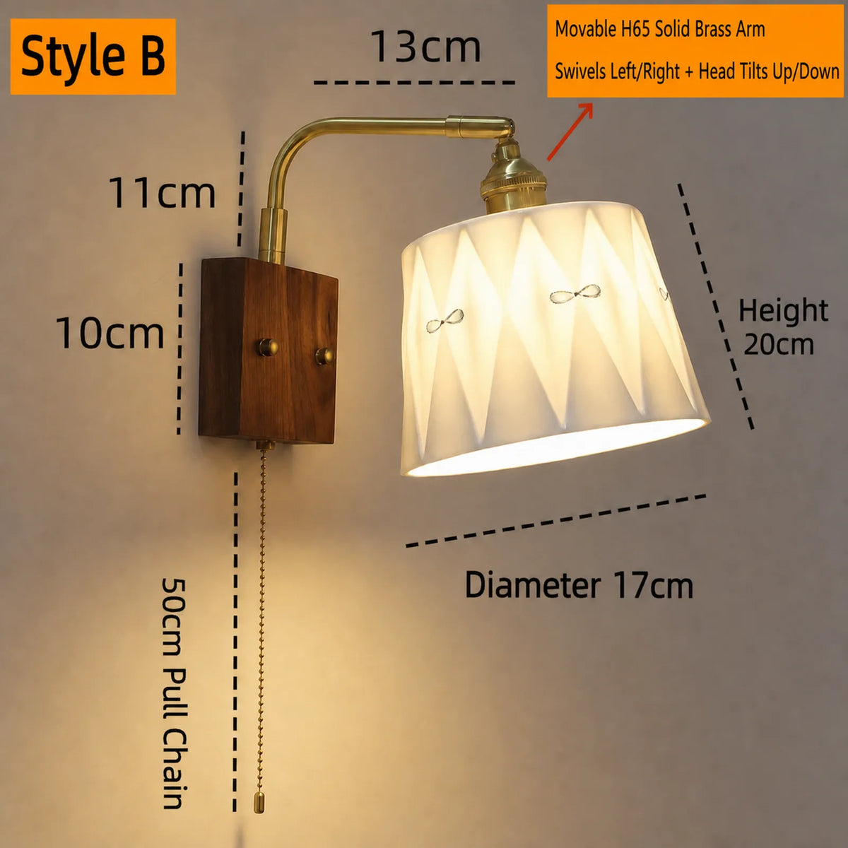 Ceramic Brass Walnut Adjustable H65 Wall Light Series