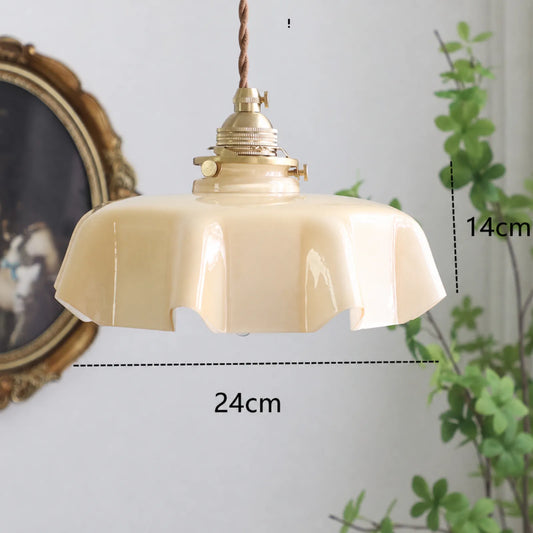 Milky White Glass Brass Scalloped Pendant Light 24cm E14