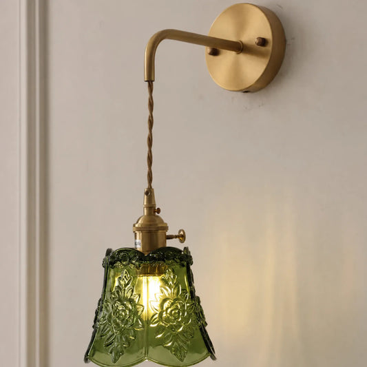 Green Carved Glass Corded Wall Lighting Fixture