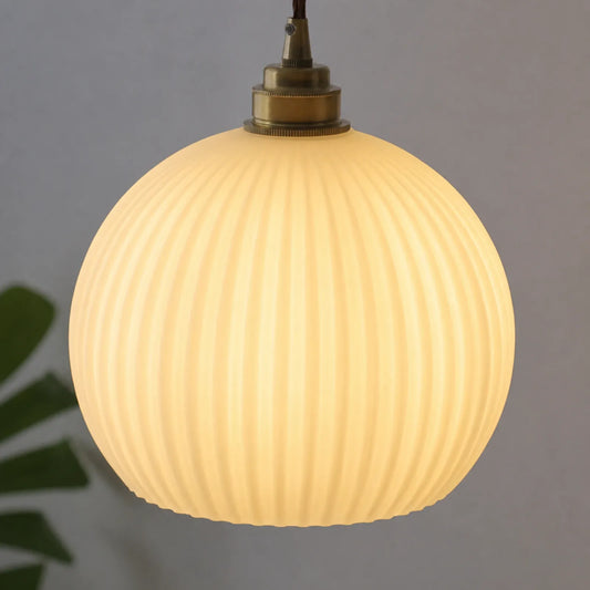 Ribbed Milky White Glass Globe Brass Pendant Light