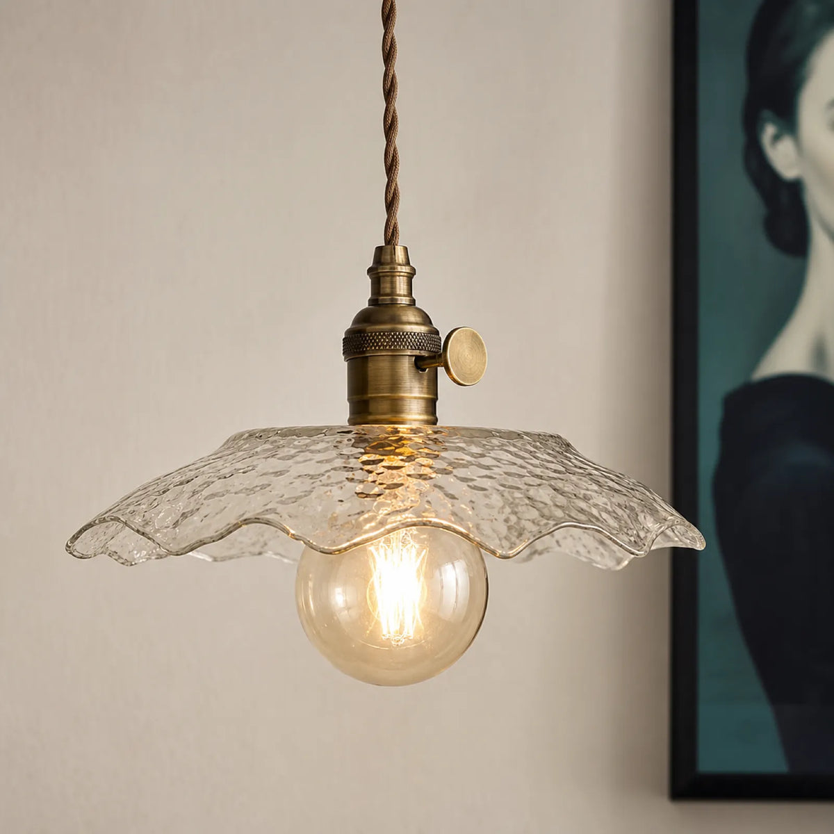 Brass Lamp Holder Hammered Glass Shade Pendant Light