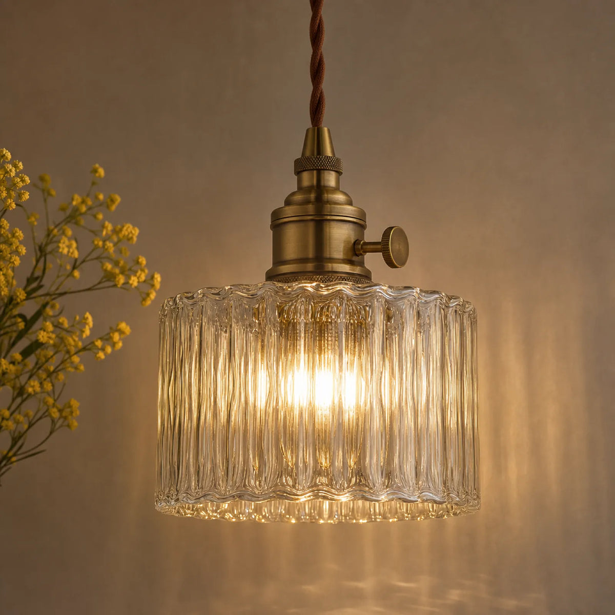 Ribbed Glass Brass Pendant Light
