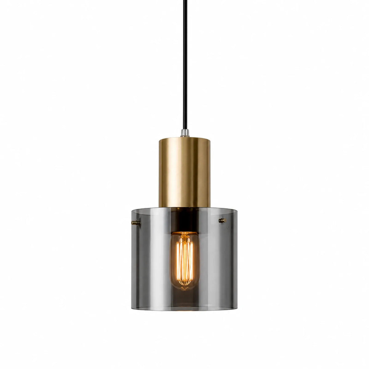 Copper and Smoke Gray Cylindrical Glass Pendant Light, Style A