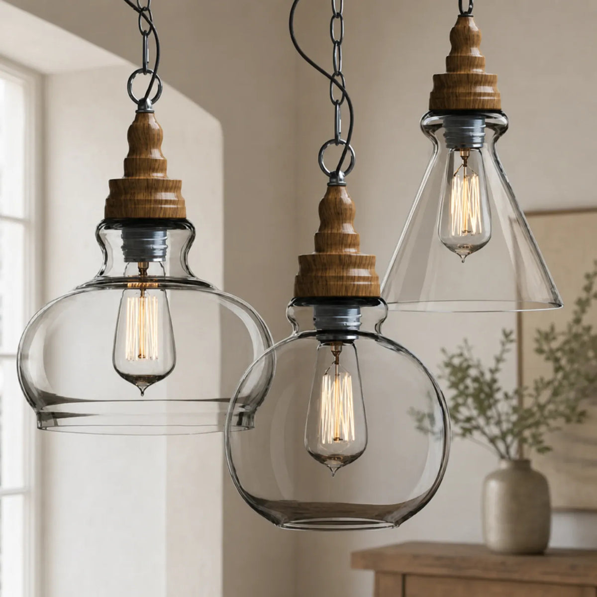 Vintage Wood Glass Pendant Light, Styles A-C