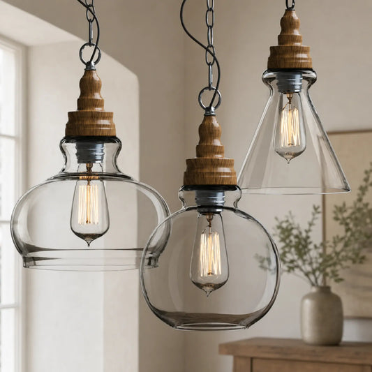 Vintage Wood Glass Pendant Light, Styles A-C