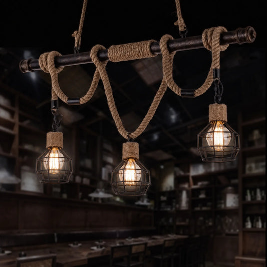 Wrought Iron and Hemp Rope Three-Light Bar Pendant Light
