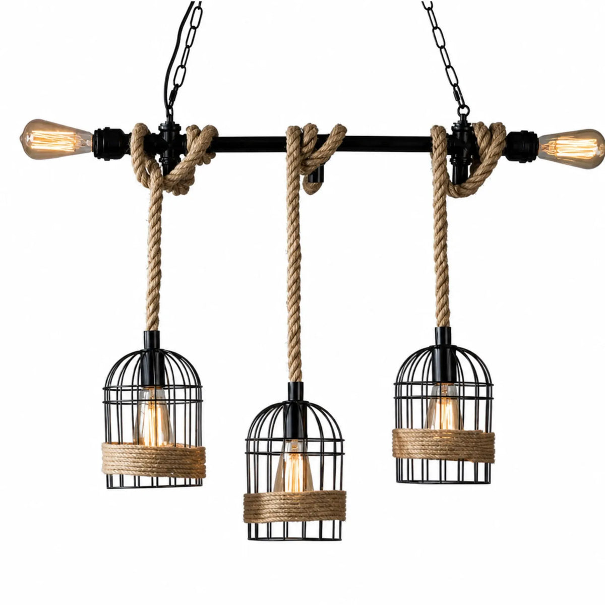 Wrought Iron and Hemp Rope Three-Light Pendant Light 77x150cm
