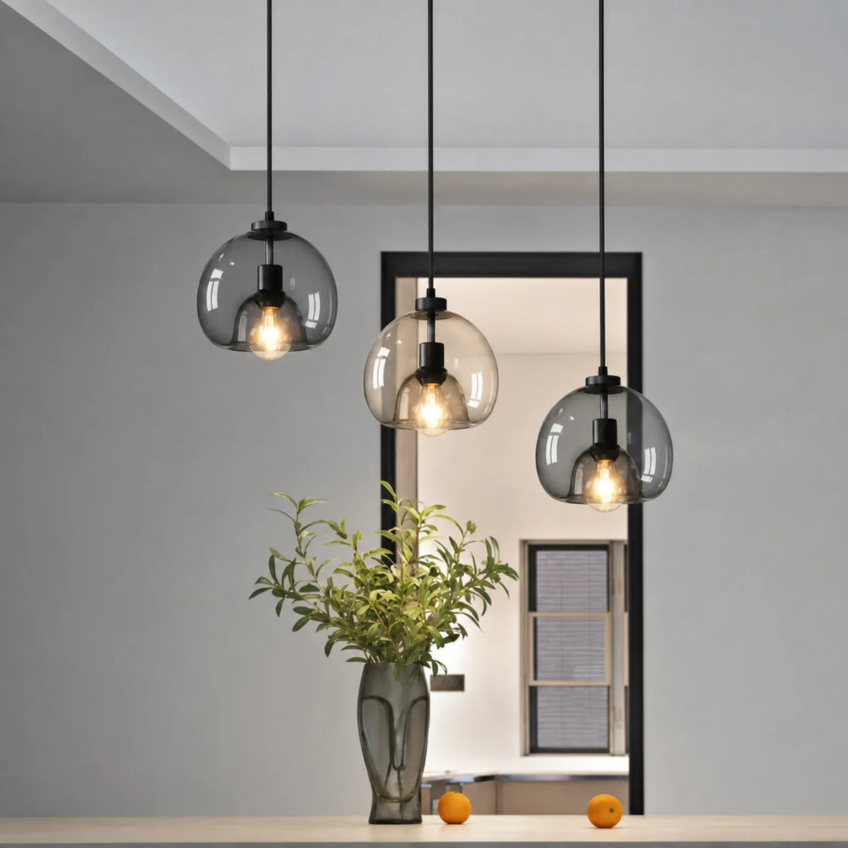 25cm Globe Glass Pendant Light in Smoke Gray and Amber