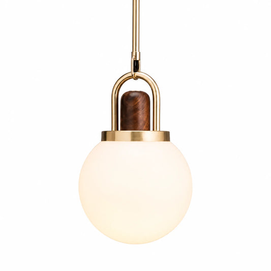 Milky Globe Glass Pendant Light with Copper and Rosewood