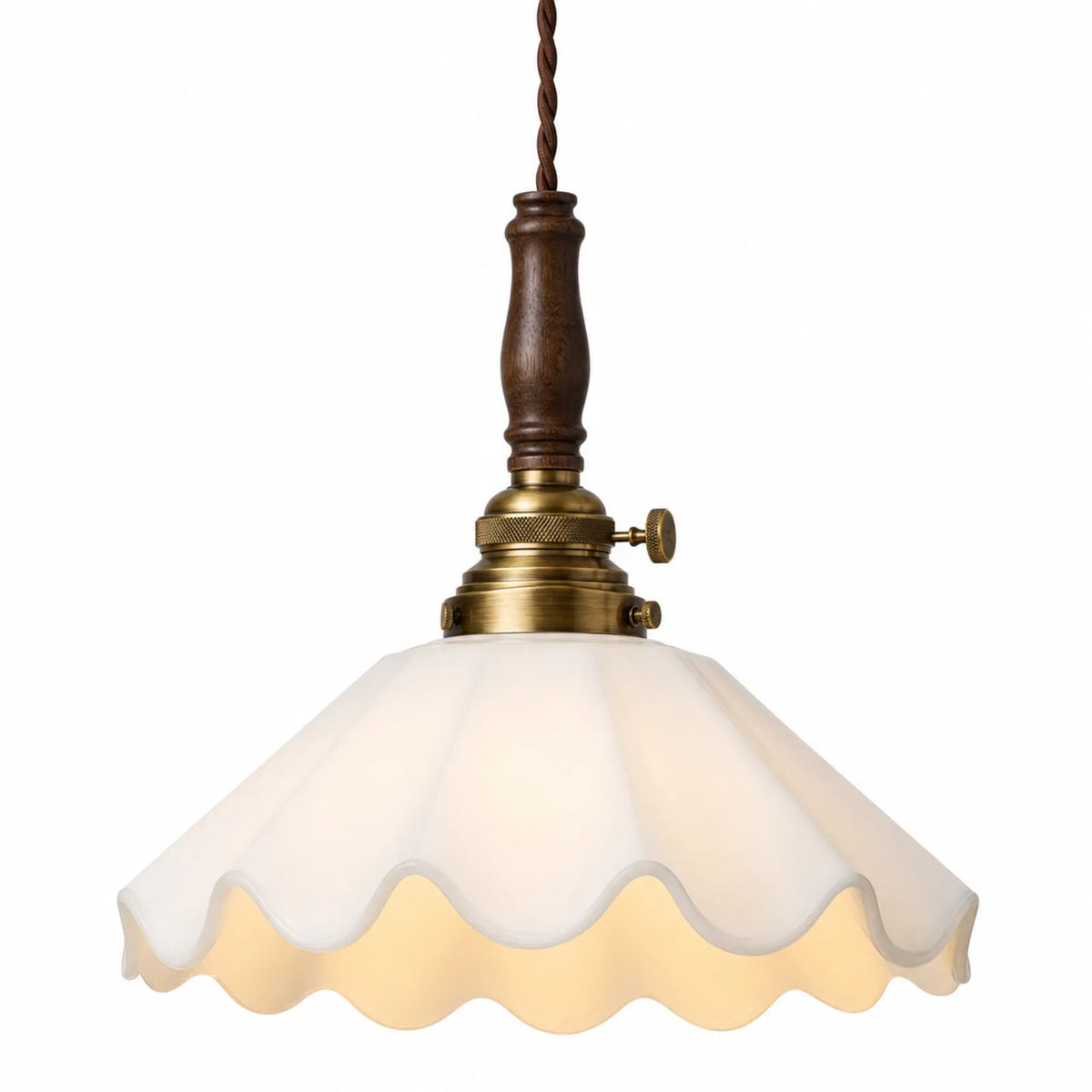 Milky White Glass, Brass, and Walnut Wood Scalloped Pendant Light, 25*18cm, E14