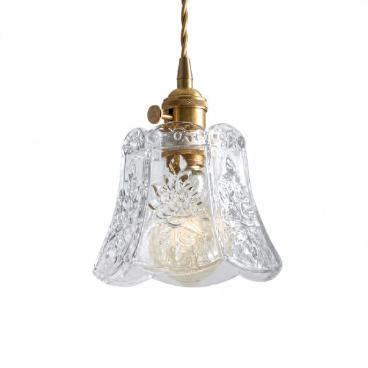 Embossed Glass and Brass Small Pendant Light