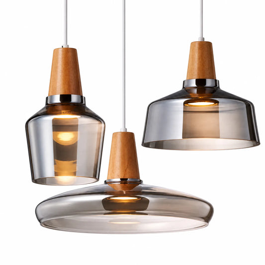 Smoked Glass Pendant Light with Wood Lampholder