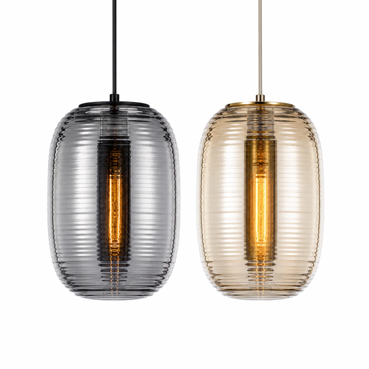 Ribbed Oval Glass Pendant Light 23 x 25cm, Smoke Gray/Amber