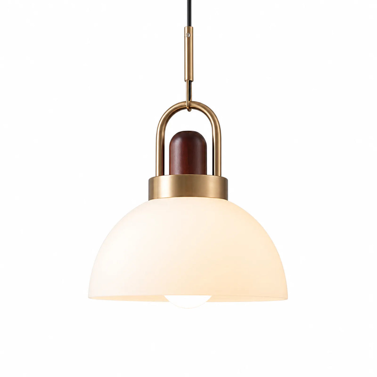 Milky White Half-Dome Glass Pendant Light with Natural Copper and Red Wood