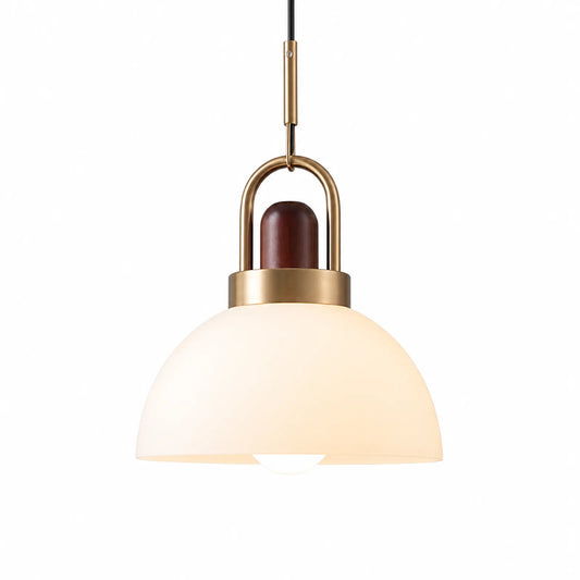 Milky White Half-Dome Glass Pendant Light with Natural Copper and Red Wood