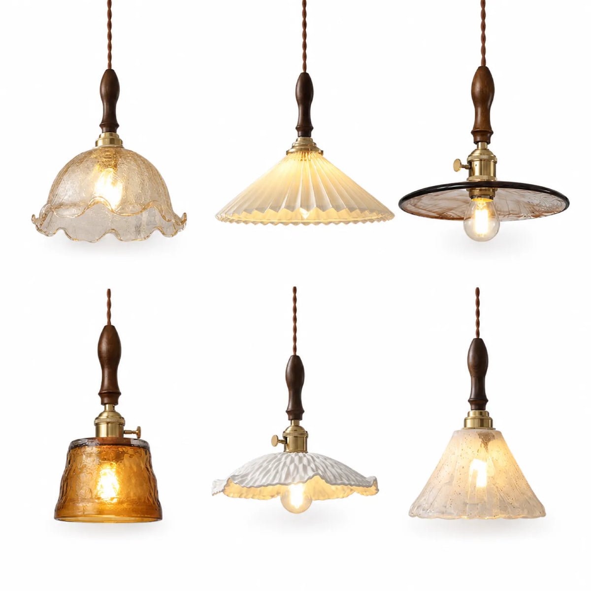 Vintage Glass Pendant Light Set with Wood Lampholder