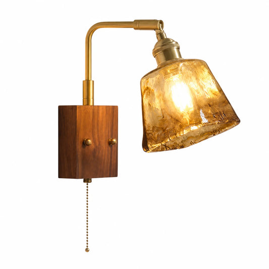 Brass, Walnut and Glass Pull-Cord Wall Sconce Collection
