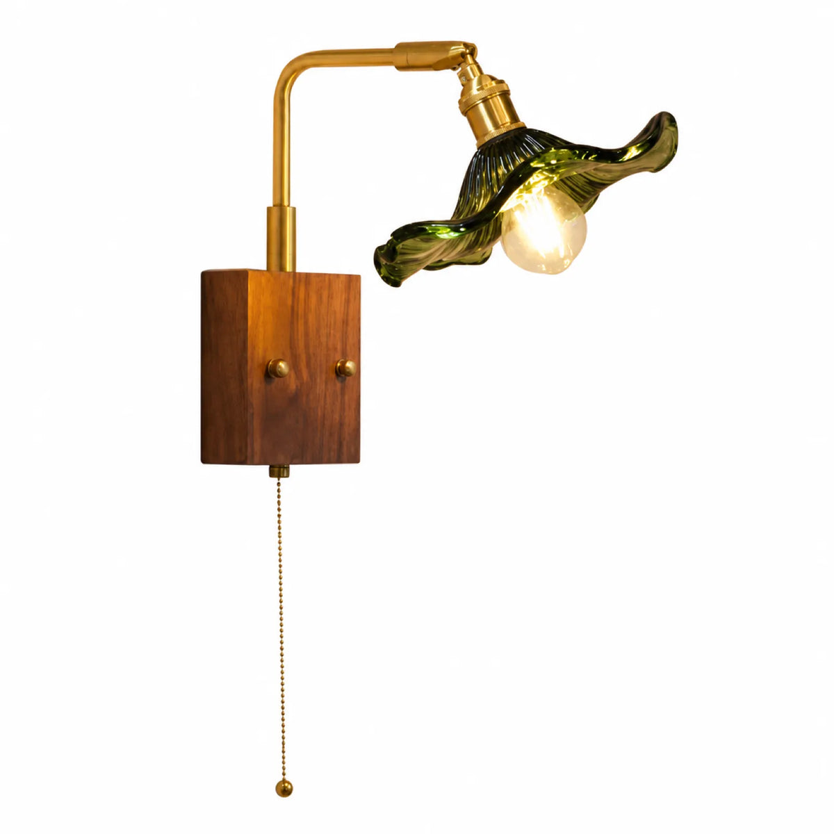Brass, Walnut and Glass Pull-Cord Wall Sconce Collection