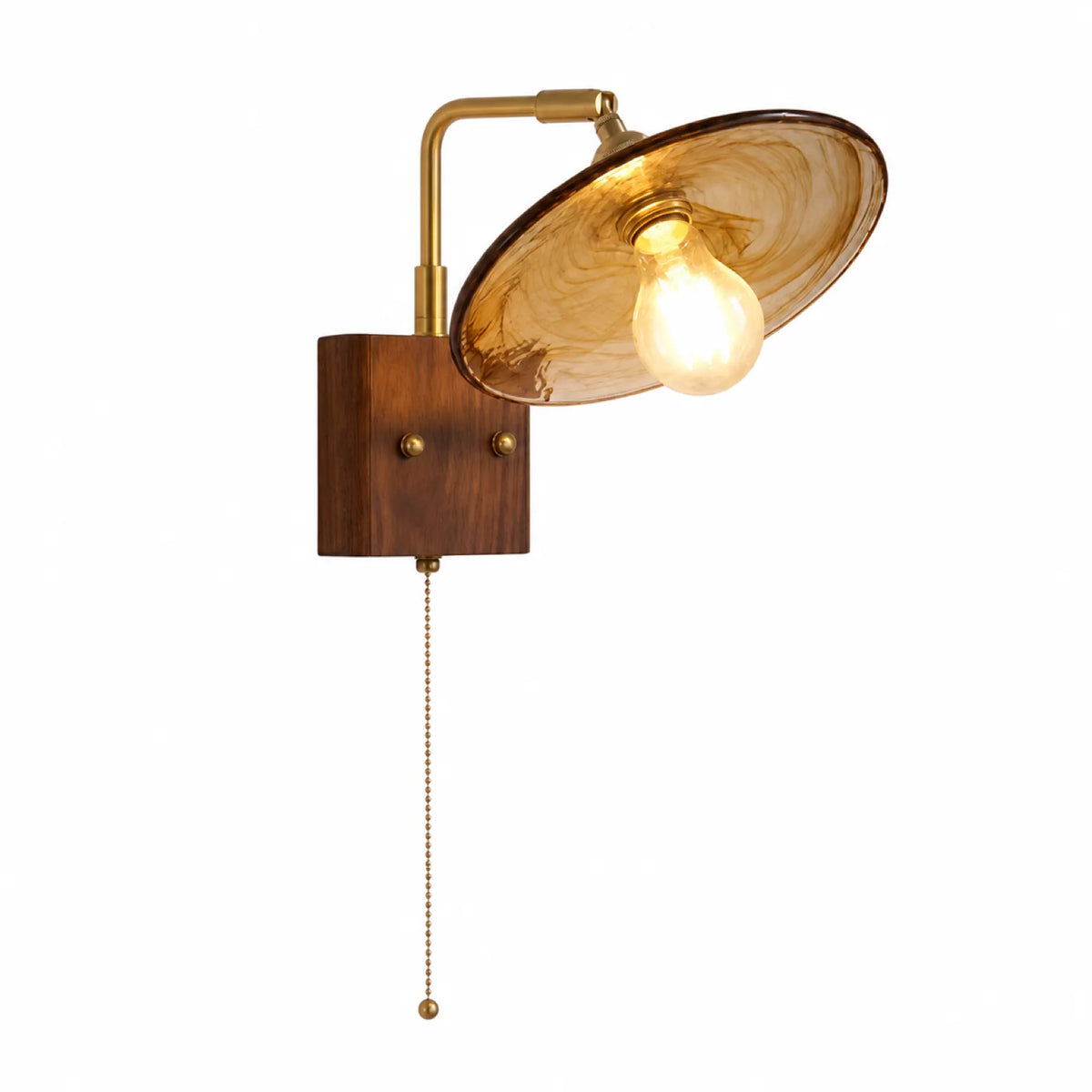Brass, Walnut and Glass Pull-Cord Wall Sconce Collection