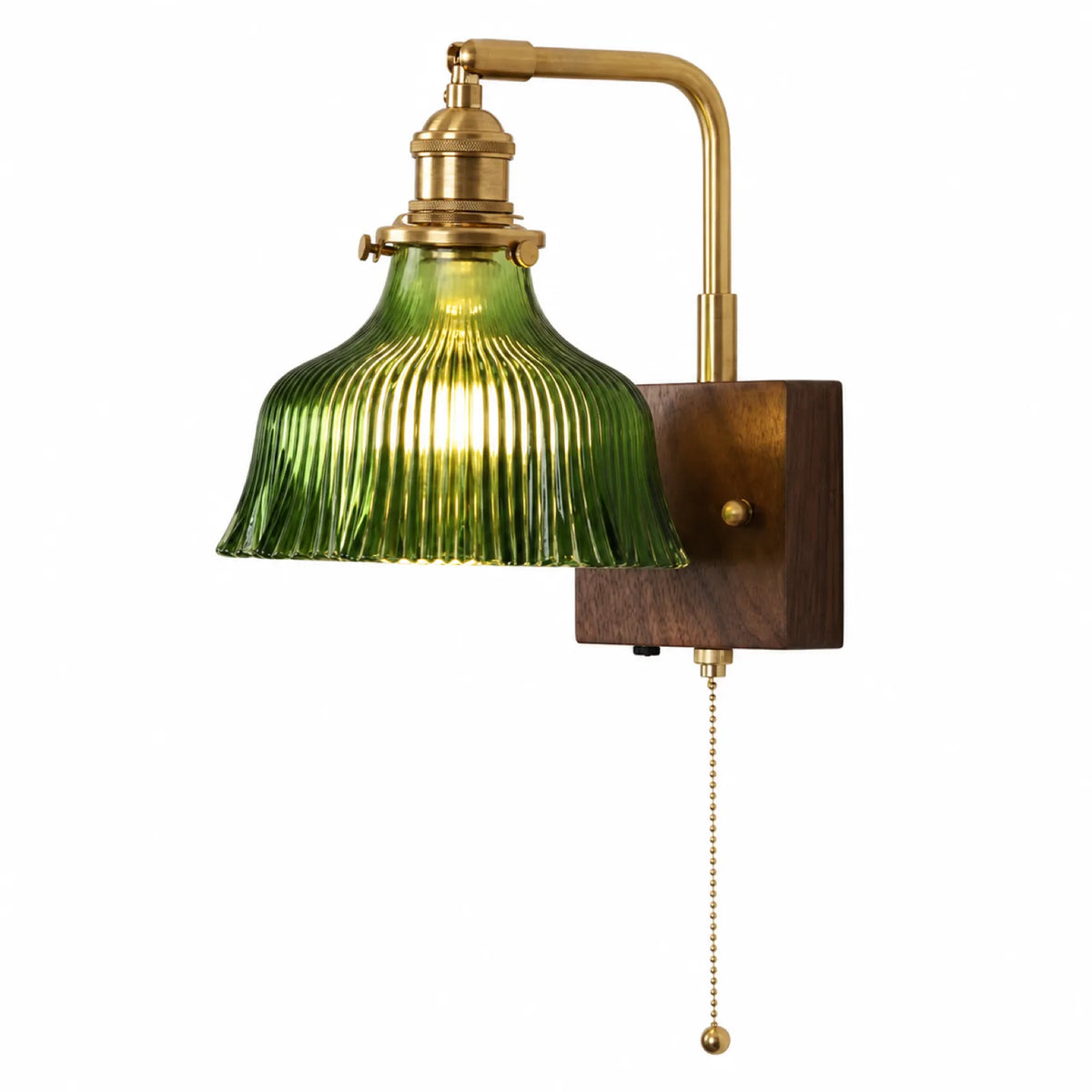 Brass, Walnut and Glass Pull-Cord Wall Sconce Collection