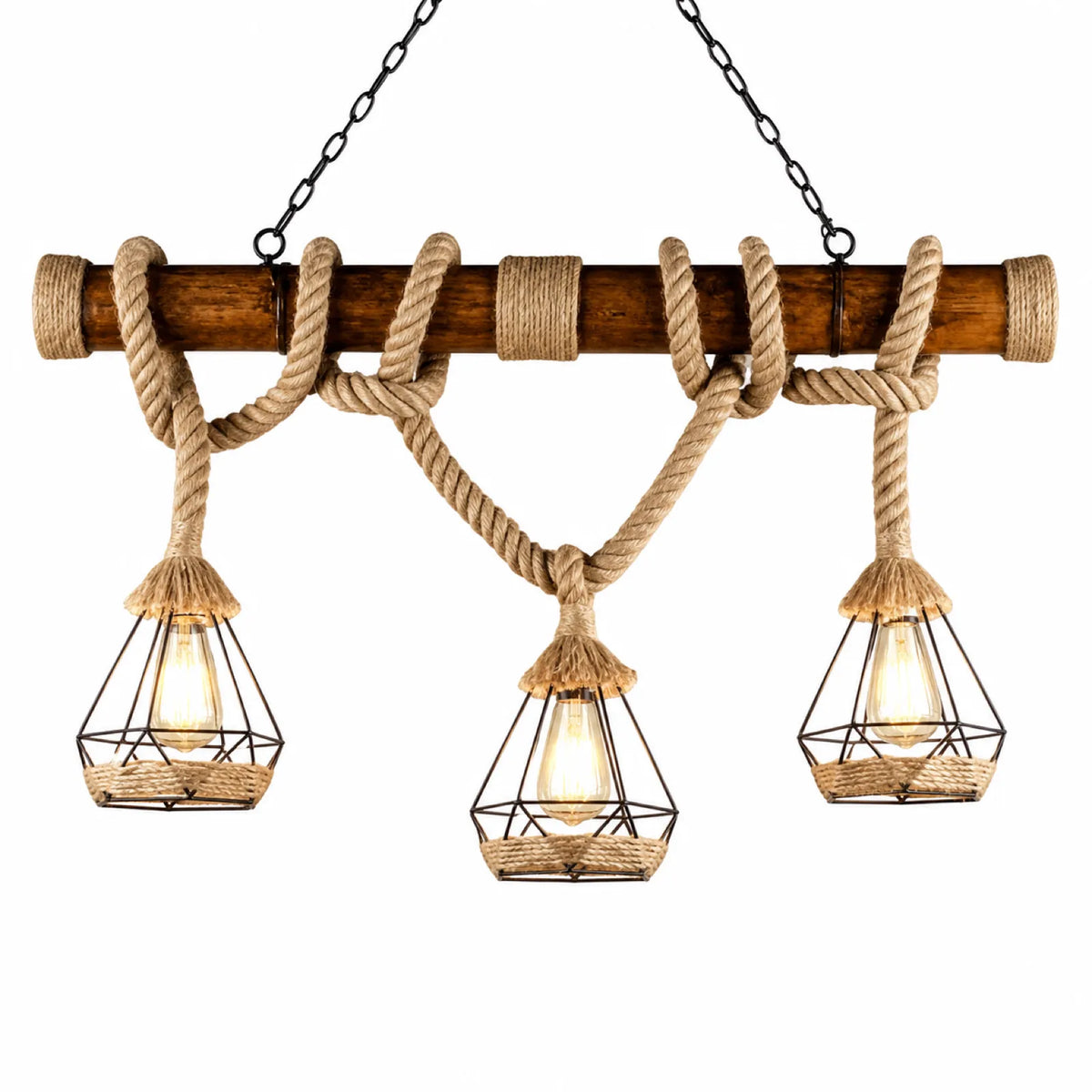 Natural Bamboo Pole and Handwoven Hemp Rope Three-Light Linear Pendant