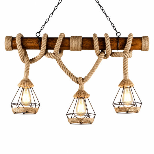 Natural Bamboo Pole and Handwoven Hemp Rope Three-Light Linear Pendant