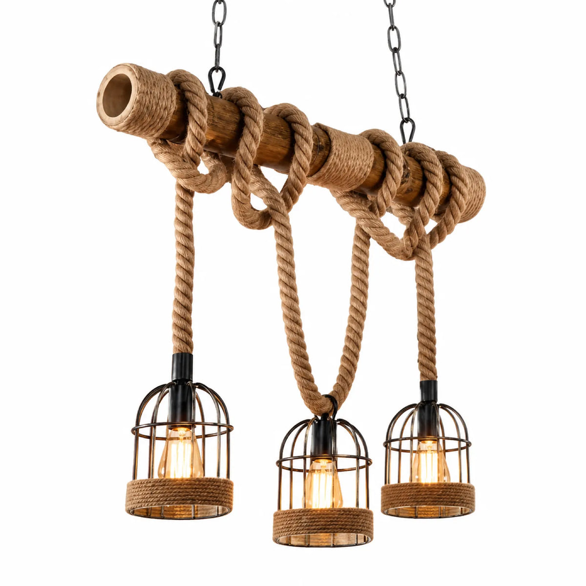 Natural Bamboo Pole and Handwoven Hemp Rope Three-Light Linear Pendant