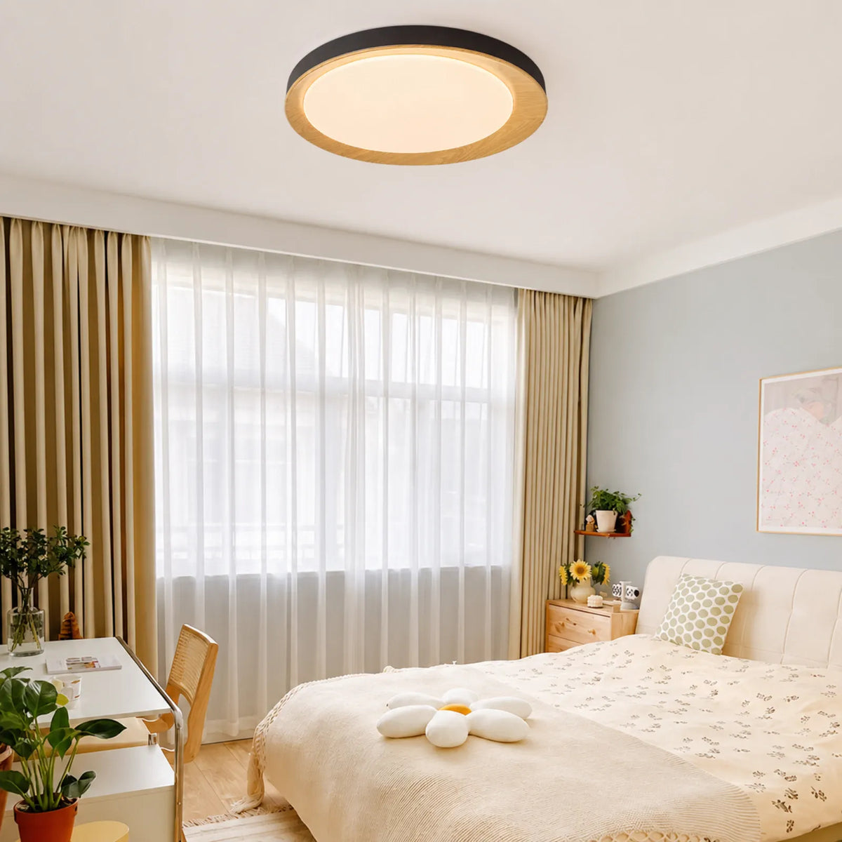 Concentric Woodgrain-Band Disc Ceiling Light