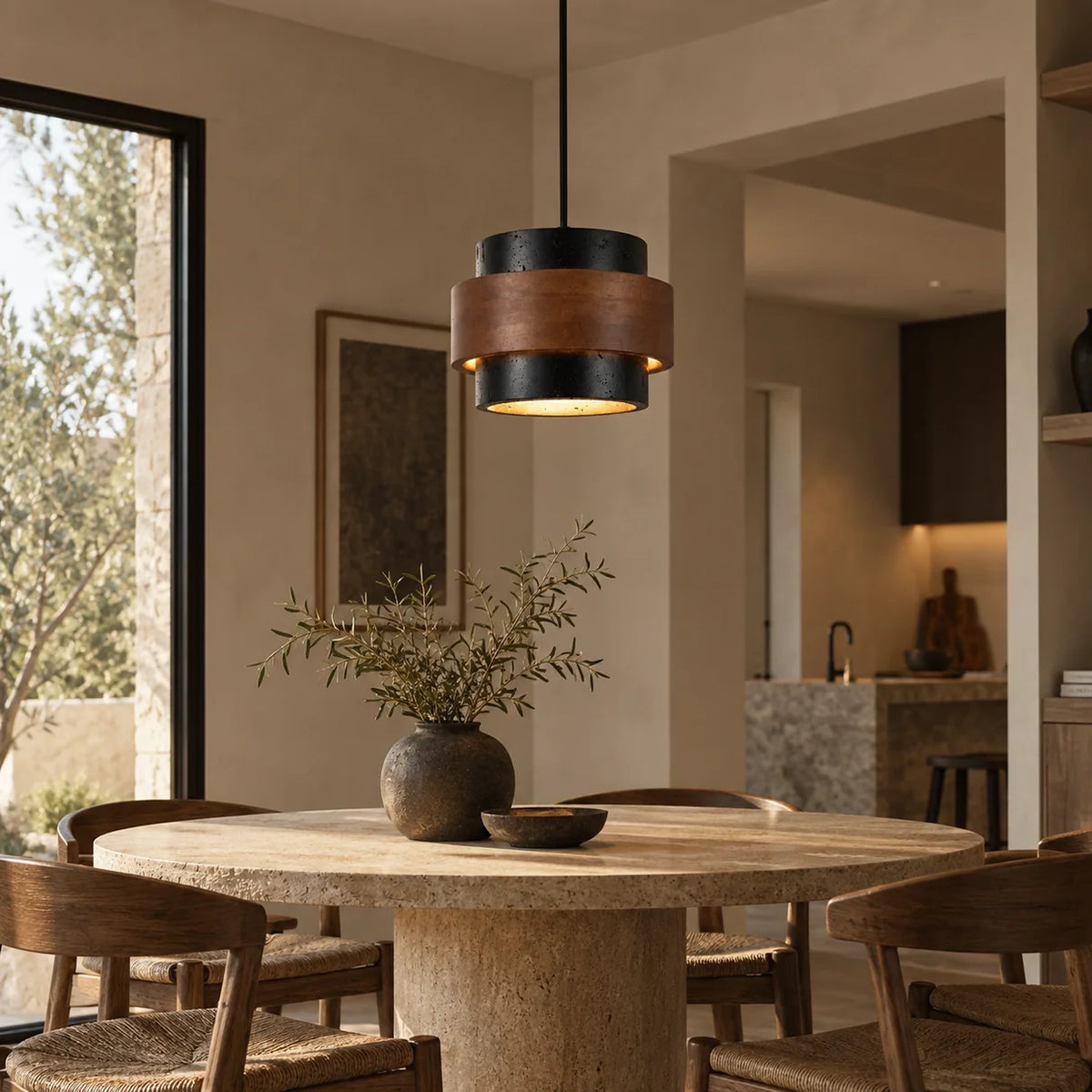Cavora Travertine & Wood Linear Pendant Light