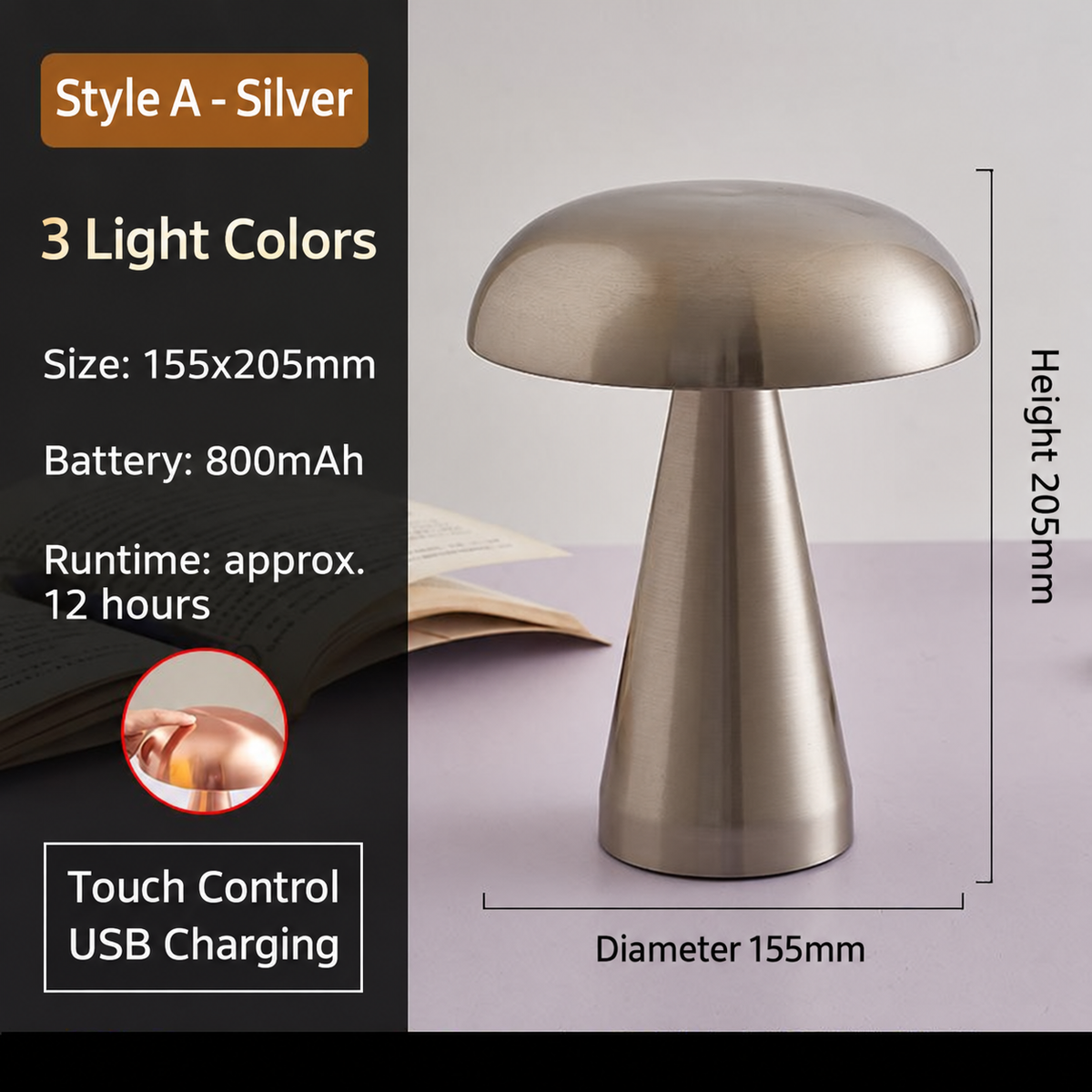 USB Rechargeable Metal Mushroom Table Lamp
