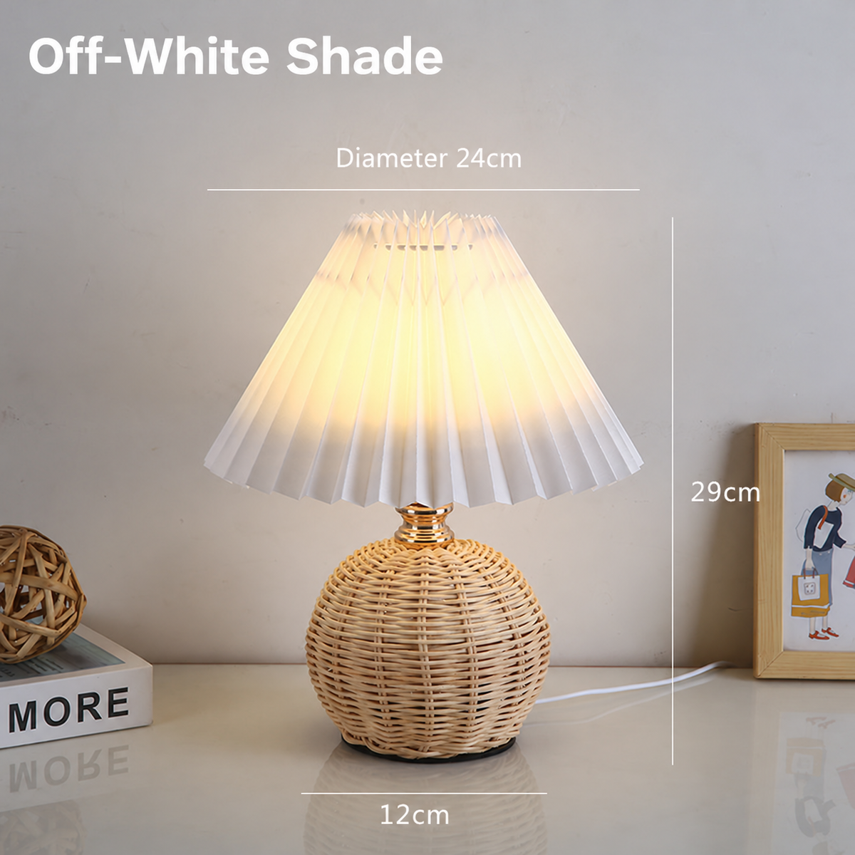 Hearthcone Table Lamp, Woven Rattan with Pleated Fabric Shade