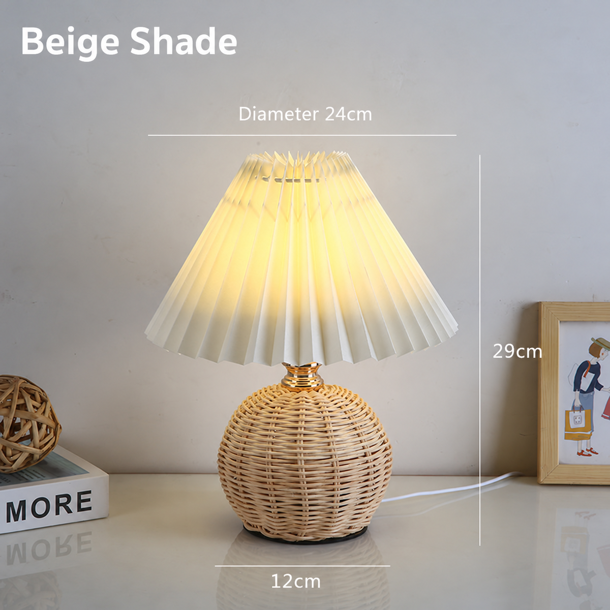 Hearthcone Table Lamp, Woven Rattan with Pleated Fabric Shade