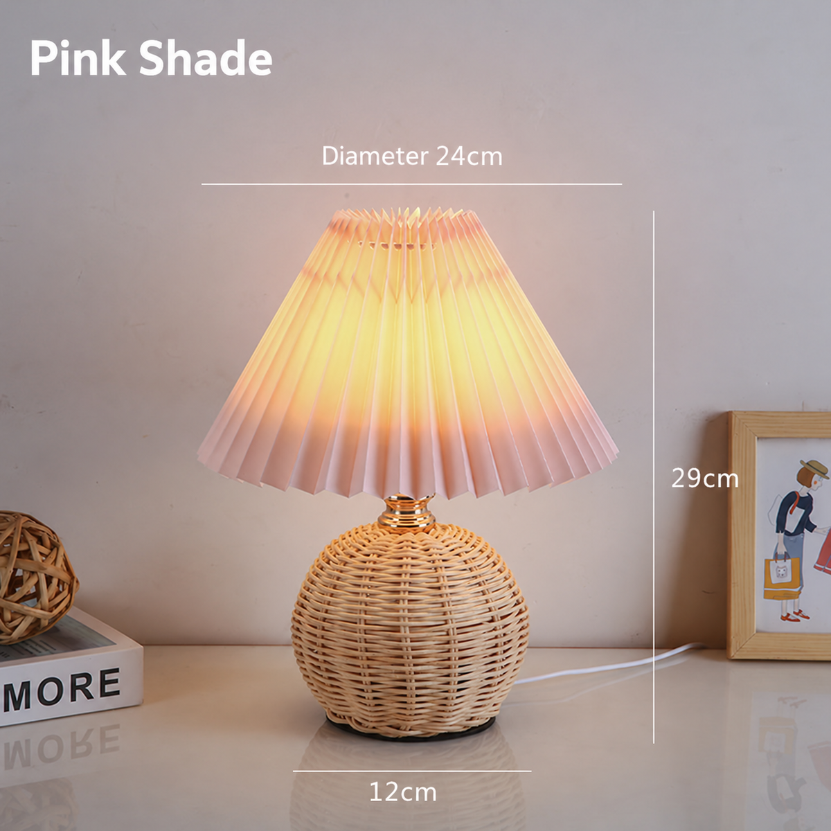 Hearthcone Table Lamp, Woven Rattan with Pleated Fabric Shade