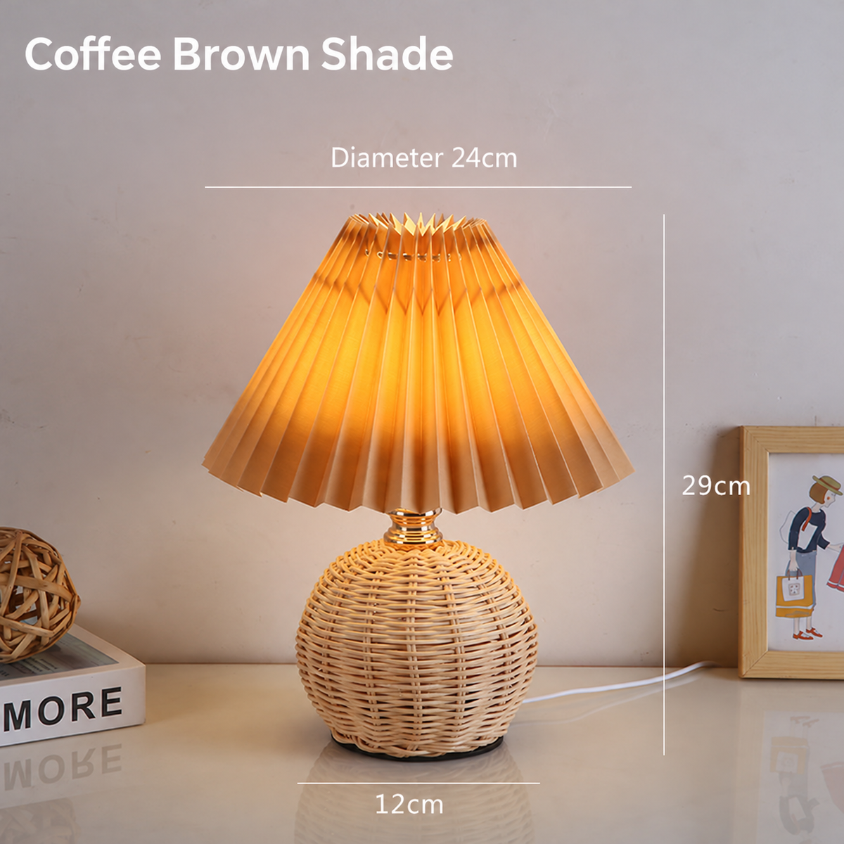 Hearthcone Table Lamp, Woven Rattan with Pleated Fabric Shade