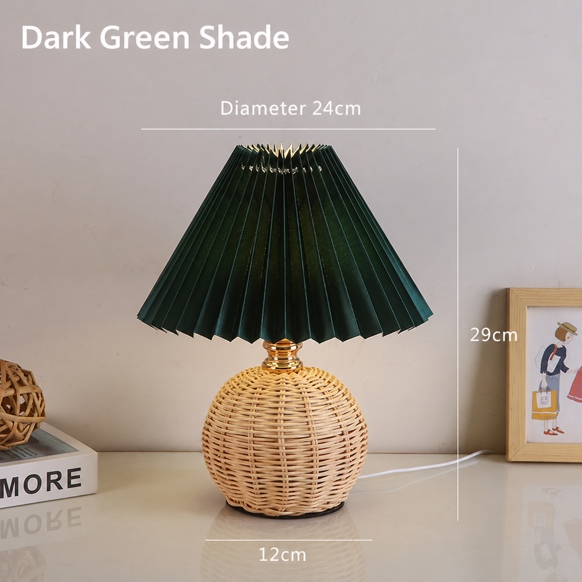 Hearthcone Table Lamp, Woven Rattan with Pleated Fabric Shade