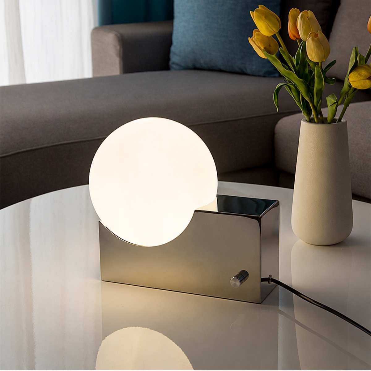 Frostveil Desk Lamp, Frosted Glass and Polished Stainless Steel