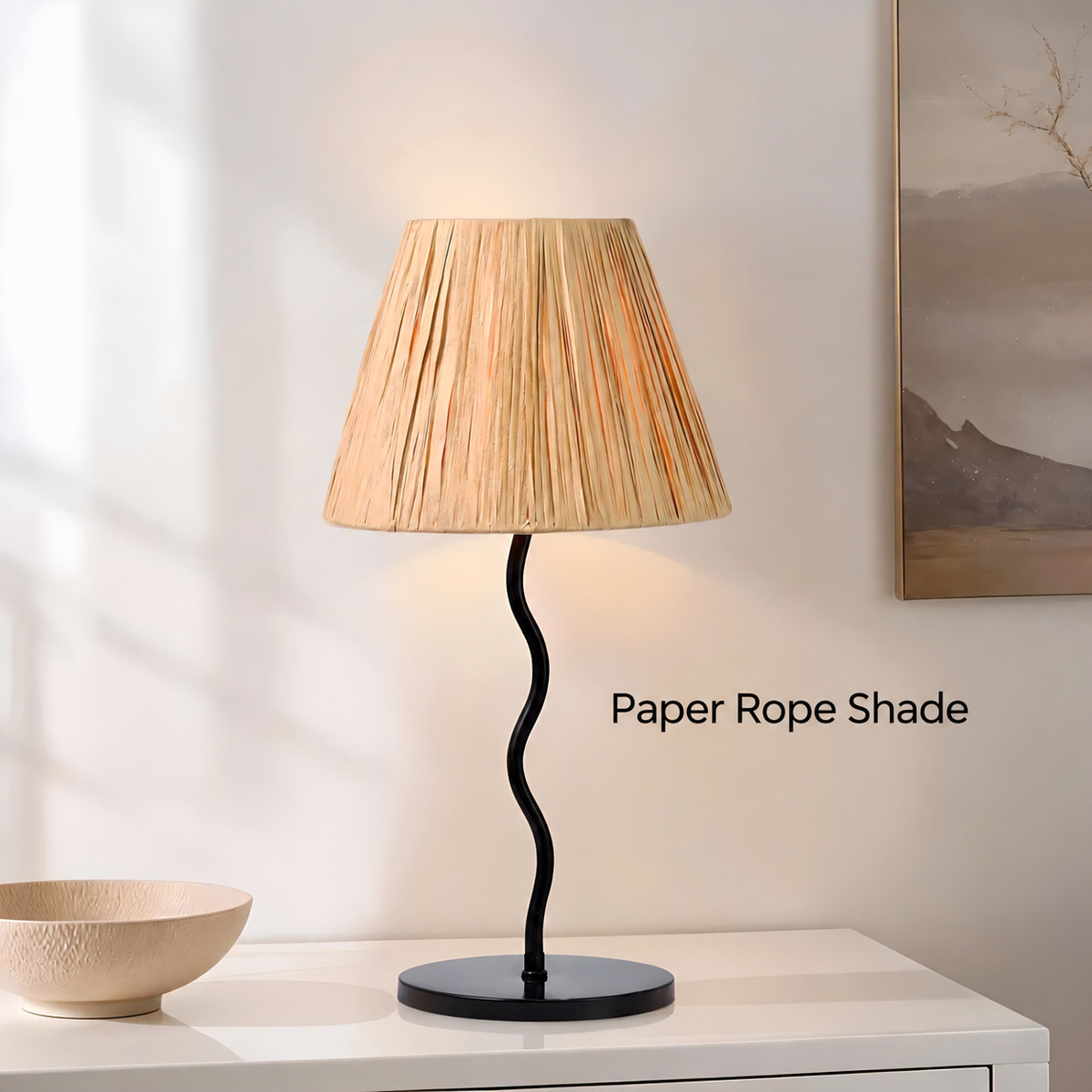 Sculptura Table Lamp, Woven Paper Rope Shade on Black Metal Base