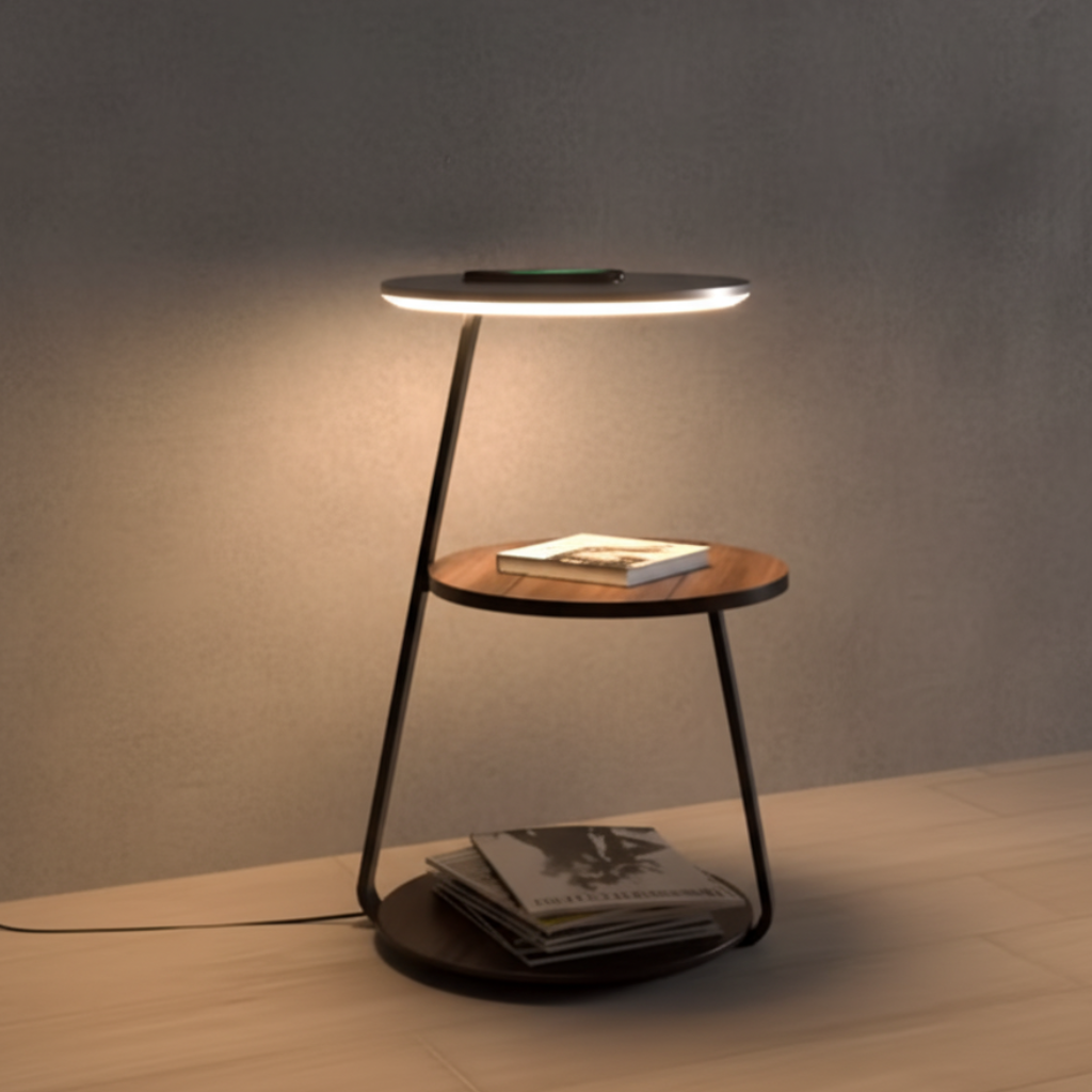 Modern Floor Lamp and Side Table, LED Wireless Charging Nightstand for Bedroom & Living Room