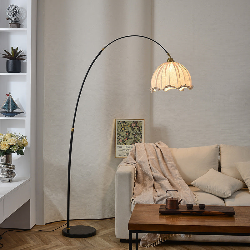Kimala Modern Arc Floor Lamp - Black Metal Base with Fabric Shade