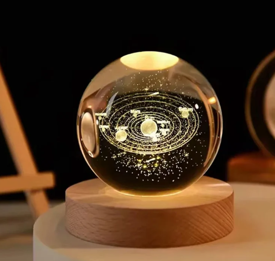 Solar System: 3D Laser-Engraved Crystal Globe Night Light with Beechwood Base