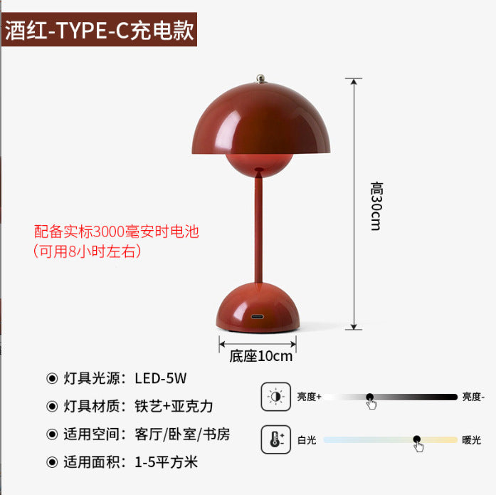 Cross-border Hot Selling Danish Flower Bud Table Lamp USB Bedroom Rechargeable Metal Iron Mushroom Decorative Atmosphere Night Light