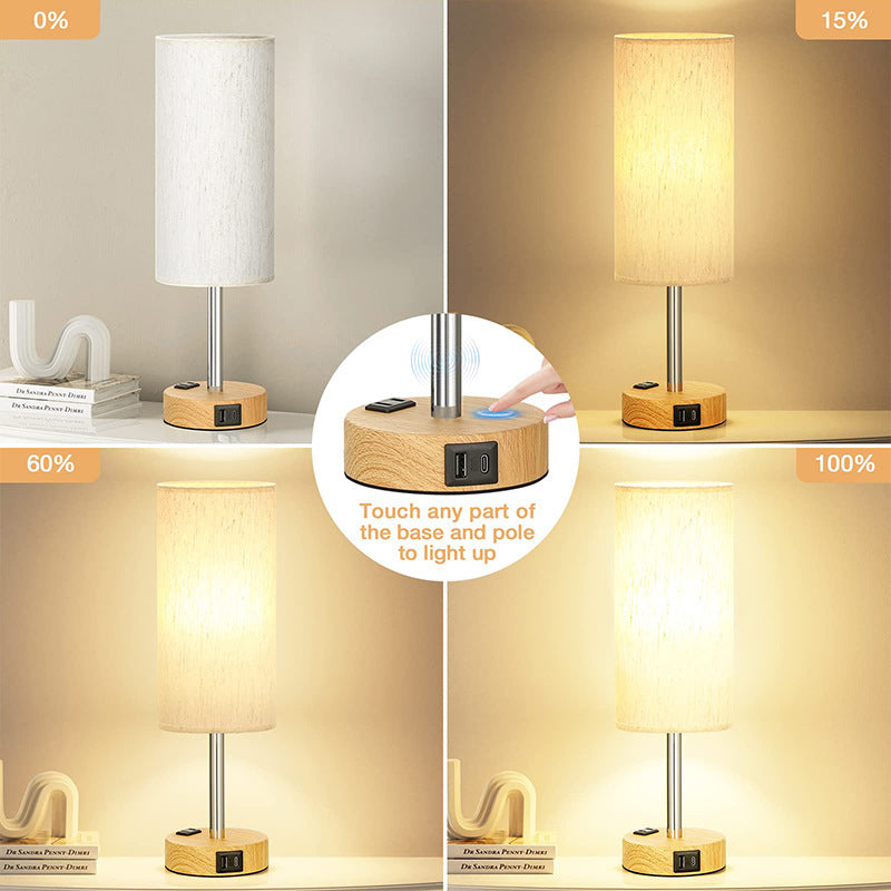 Popular Night Light Wood Grain Three-Speed Touch Dimming Cloth Cover Bedside Lamp Decorative Table Lamp