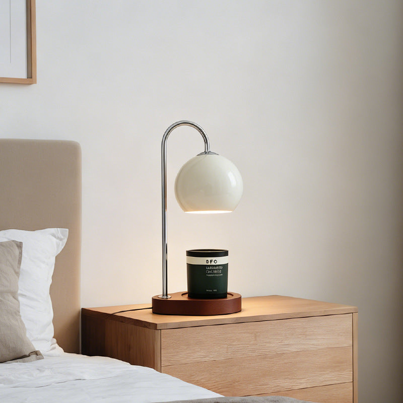 Simple Wooden Wax Melting Lamp, Cream-Colored Spherical Lampshade, Special Heating Lamp for Scented Candles, Bedroom Warm Light Table Lamp